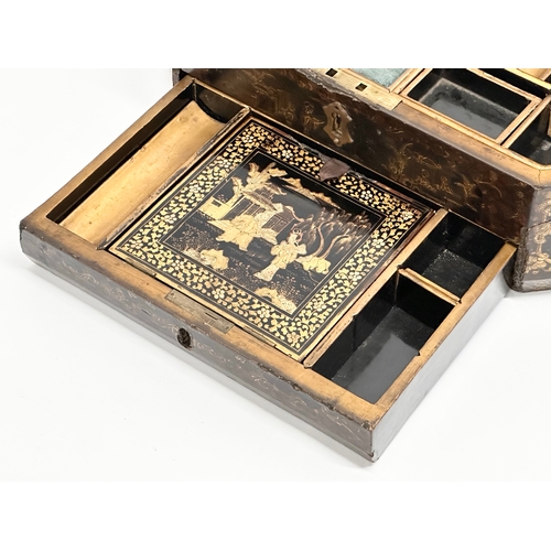 101 - A large Late 19th Century Chinese hand painted, lacquered, fitted work box/sewing box. 37x27x14.5cm