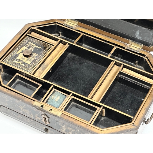 101 - A large Late 19th Century Chinese hand painted, lacquered, fitted work box/sewing box. 37x27x14.5cm