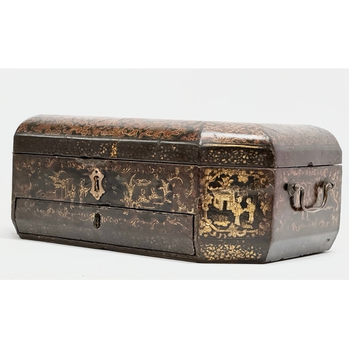 101 - A large Late 19th Century Chinese hand painted, lacquered, fitted work box/sewing box. 37x27x14.5cm