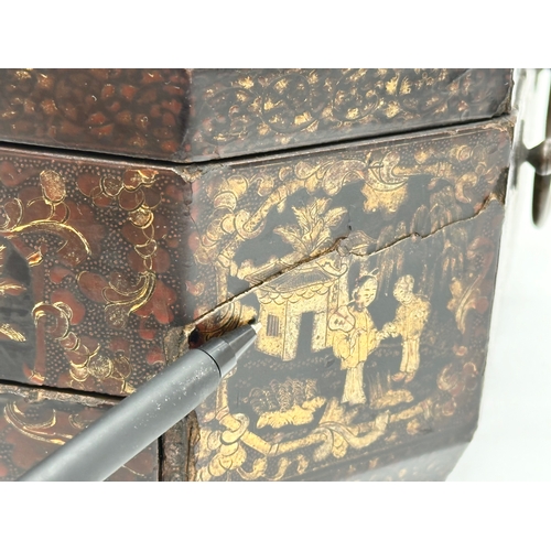 101 - A large Late 19th Century Chinese hand painted, lacquered, fitted work box/sewing box. 37x27x14.5cm