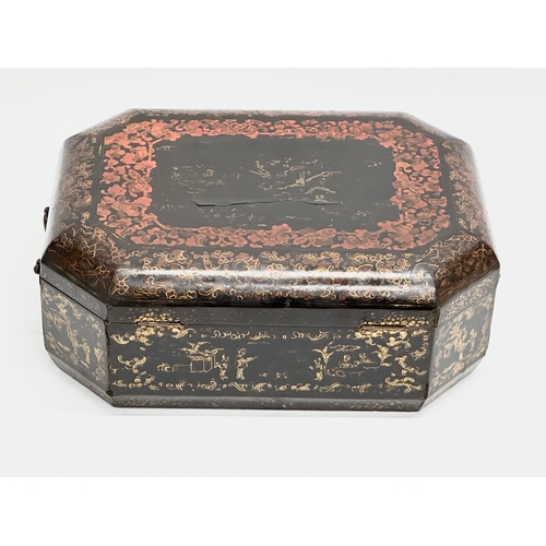 101 - A large Late 19th Century Chinese hand painted, lacquered, fitted work box/sewing box. 37x27x14.5cm