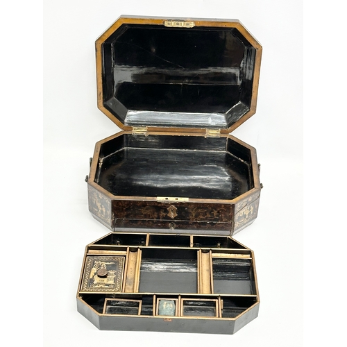 101 - A large Late 19th Century Chinese hand painted, lacquered, fitted work box/sewing box. 37x27x14.5cm