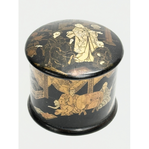 50 - 2 Late 19th Century Japanese hand painted tobacco jars, with lids. Decorated with geishas, fishermen... 