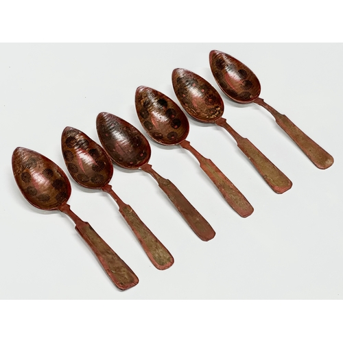 51 - A set of 6 19th Century Folk Art hand painted treen ware spoons. Probably Russian. 21cm