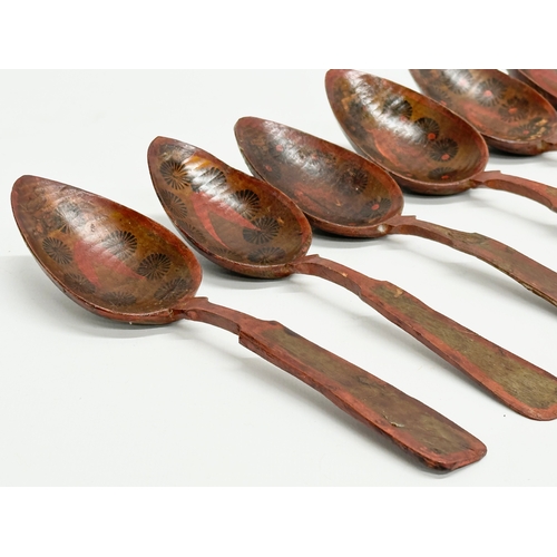 51 - A set of 6 19th Century Folk Art hand painted treen ware spoons. Probably Russian. 21cm