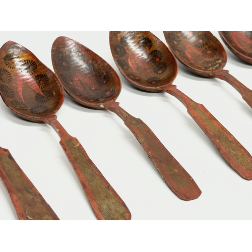 51 - A set of 6 19th Century Folk Art hand painted treen ware spoons. Probably Russian. 21cm