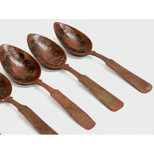 51 - A set of 6 19th Century Folk Art hand painted treen ware spoons. Probably Russian. 21cm