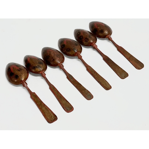 51 - A set of 6 19th Century Folk Art hand painted treen ware spoons. Probably Russian. 21cm