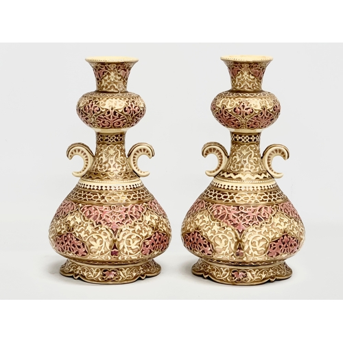 10 - Zsolnay Pecs. A pair of Late 19th Century Islamic style vases by Zsolnay Pecs. Impressed mark and pr... 