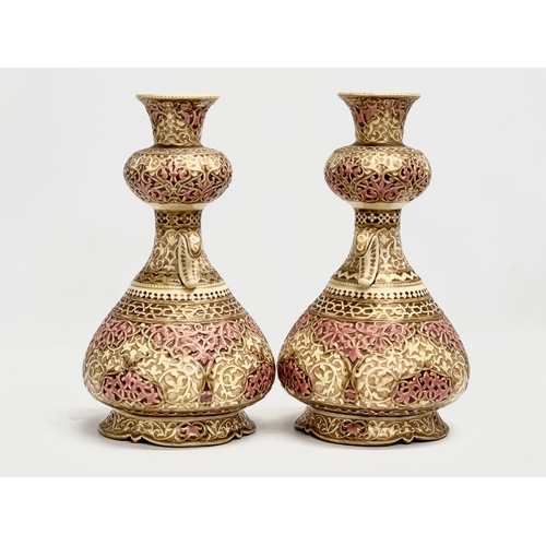 10 - Zsolnay Pecs. A pair of Late 19th Century Islamic style vases by Zsolnay Pecs. Impressed mark and pr... 