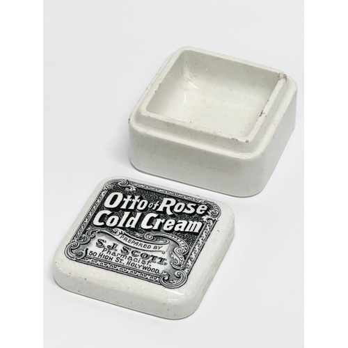 145 - A Late 19th Century Otto of Rose Cold Cream pot with lid. S. J. Scott Pharmacist. 6.5x7x4cm