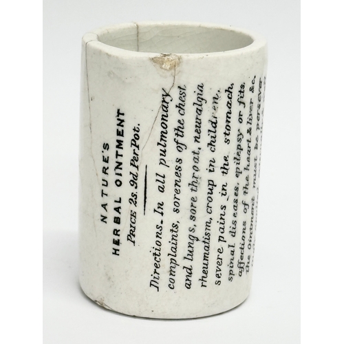 147 - Late 19th/Early 20th Century pharmacist jars. A. A Nature’s Herbal Ointment pot, Price 2s’ 9d Per Po... 