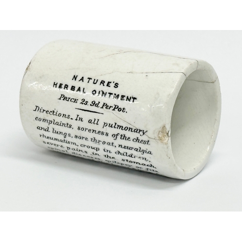 147 - Late 19th/Early 20th Century pharmacist jars. A. A Nature’s Herbal Ointment pot, Price 2s’ 9d Per Po... 