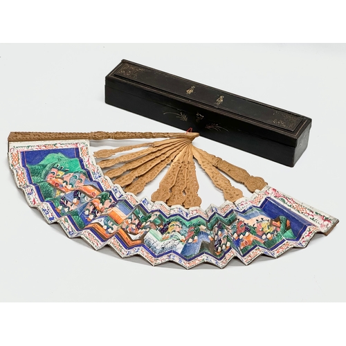 34 - A Mid 19th Century Chinese Canton folding fan with original hand painted lacquered case. Fan decorat... 