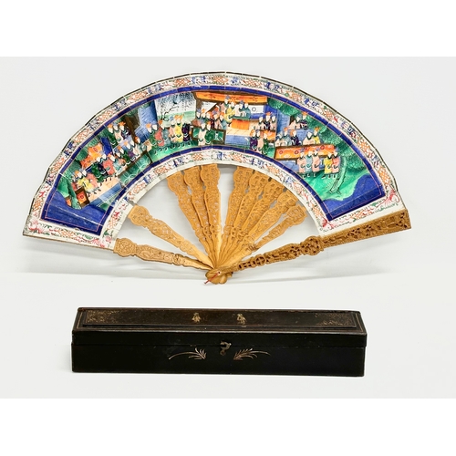 34 - A Mid 19th Century Chinese Canton folding fan with original hand painted lacquered case. Fan decorat... 