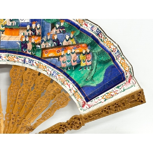 34 - A Mid 19th Century Chinese Canton folding fan with original hand painted lacquered case. Fan decorat... 