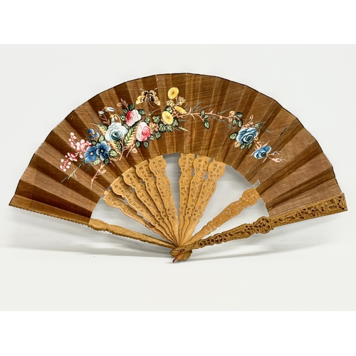 34 - A Mid 19th Century Chinese Canton folding fan with original hand painted lacquered case. Fan decorat... 