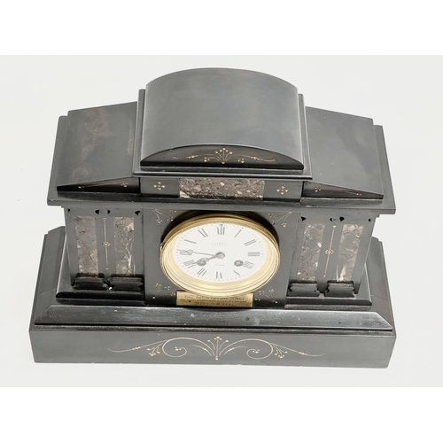 152 - A large Victorian slate mantle clock. Presented to Col Sgt S. Cozens. R.M.L.I, on his discharge to p... 