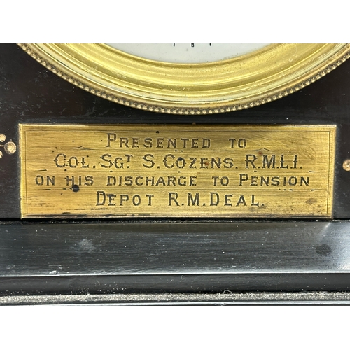 152 - A large Victorian slate mantle clock. Presented to Col Sgt S. Cozens. R.M.L.I, on his discharge to p... 