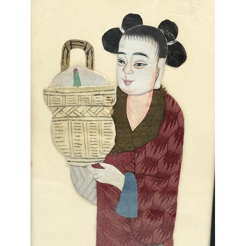 227 - 2 Early 20th Century Japanese framed paper and cloth artworks. 16.5x33cm.