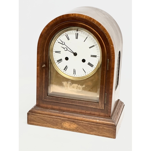 228 - A large inlaid mahogany fusee mantle clock with brass face. Circa 1890-1910. No key or pendulum. 28.... 