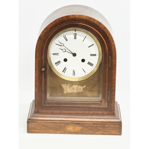 228 - A large inlaid mahogany fusee mantle clock with brass face. Circa 1890-1910. No key or pendulum. 28.... 