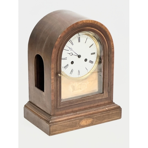 228 - A large inlaid mahogany fusee mantle clock with brass face. Circa 1890-1910. No key or pendulum. 28.... 