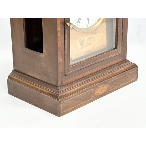 228 - A large inlaid mahogany fusee mantle clock with brass face. Circa 1890-1910. No key or pendulum. 28.... 