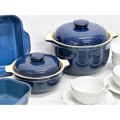 460 - Denby. 2 Denby ‘Imperial Blue’ casserole dishes and a pair of Denby ‘Boston’ food servers. 13 pieces... 