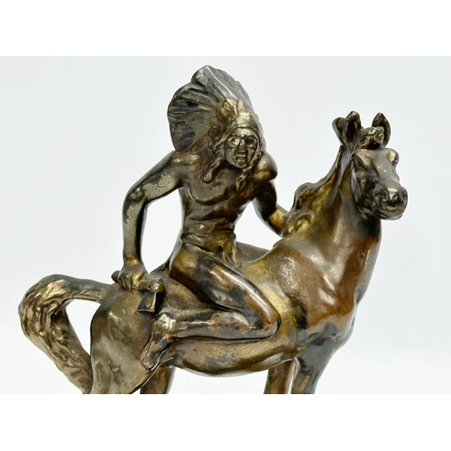 120 - Paul Herzel (1876-1956) Native American on horseback sculpture. 17x23cm