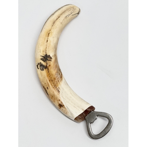 440 - A boar tusk bottle opener with 2 plastic cups. 22cm