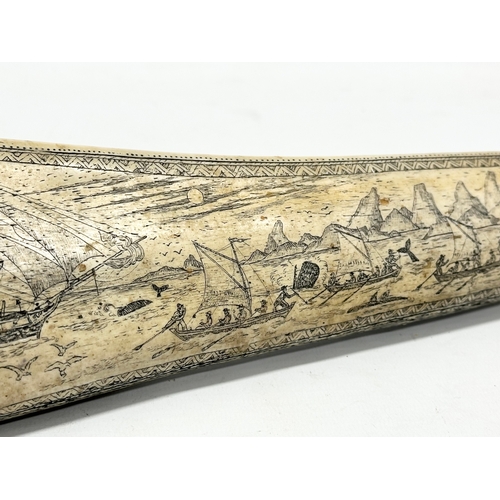 443 - A large reproduction resin scrimshaw. Whaler Topaz off Marquesas. 43cm