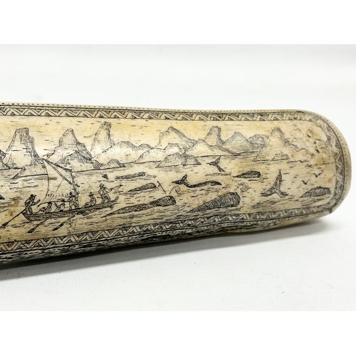 443 - A large reproduction resin scrimshaw. Whaler Topaz off Marquesas. 43cm