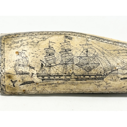 443 - A large reproduction resin scrimshaw. Whaler Topaz off Marquesas. 43cm