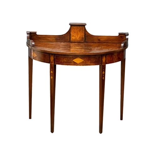 806 - A Sheraton style inlaid burr elm side table with gallery back. 93x50x91cm