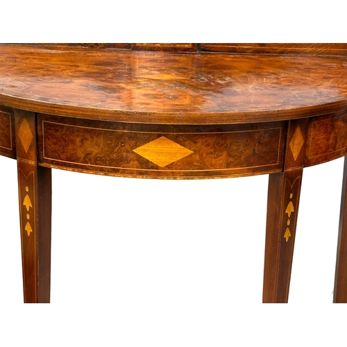 806 - A Sheraton style inlaid burr elm side table with gallery back. 93x50x91cm