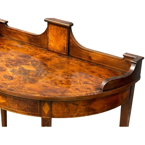 806 - A Sheraton style inlaid burr elm side table with gallery back. 93x50x91cm