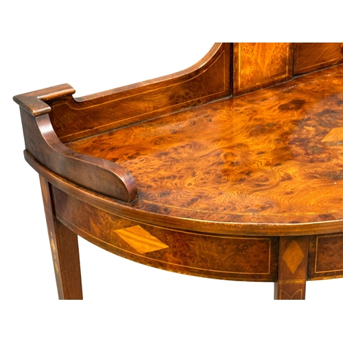 806 - A Sheraton style inlaid burr elm side table with gallery back. 93x50x91cm