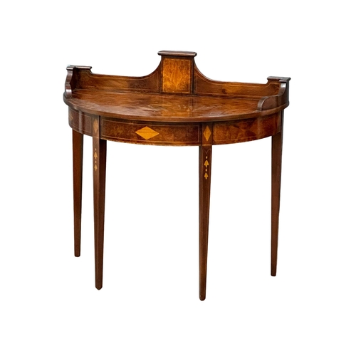 806 - A Sheraton style inlaid burr elm side table with gallery back. 93x50x91cm