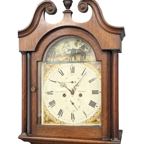 857 - An Early 19th Century, George III, oak longcase clock with painted dial by George Hardy. With pendul... 