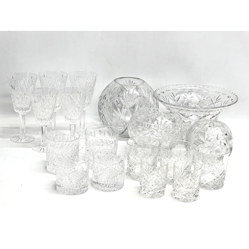 581 - A collection of crystal. 5 Tyrone wine glasses, Tyrone whiskey glasses and others. 4 large bowls.