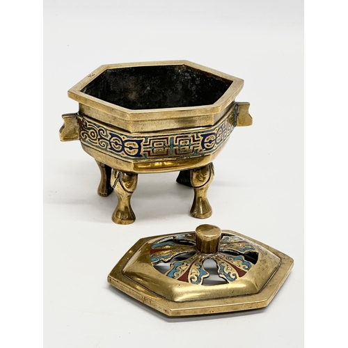 175 - A Late 19th Century Chinese brass and cloisonné censer with cover. 14x9x12cm