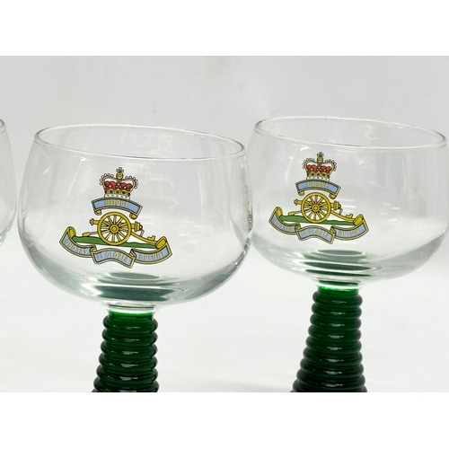 600 - A set of 4 French wine glasses with Bristol Green beehive stems and Royal Artillery emblems. By Lumi... 