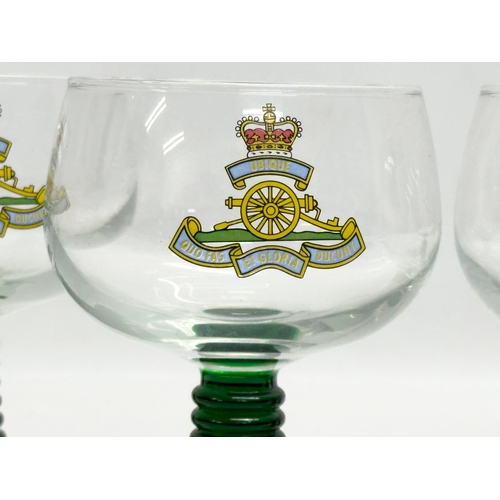 600 - A set of 4 French wine glasses with Bristol Green beehive stems and Royal Artillery emblems. By Lumi... 