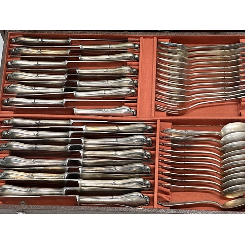 573 - A large set of silver plated cutlery in chest by Berger. 44x32x15cm