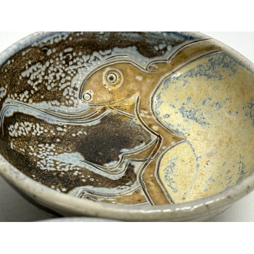 344 - A set of 3 unusual sea creature polychrome glazed stoneware bowls. Numbered 1,2,3. 11x4cm