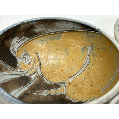 344 - A set of 3 unusual sea creature polychrome glazed stoneware bowls. Numbered 1,2,3. 11x4cm