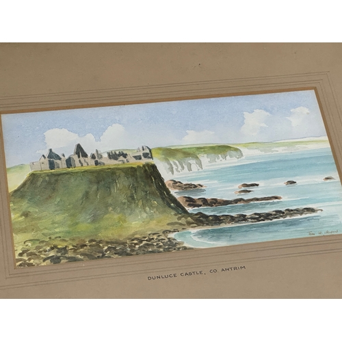 382 - A watercolour drawing by Tom W. Irwin. Dunluce Castle, County Antrim. 27.5x14.5cm. Frame 45x32cm