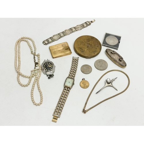 461Q - A quantity of costume jewellery, rolled gold match book holder, coins, watches etc