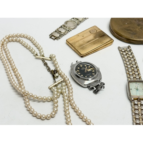 461Q - A quantity of costume jewellery, rolled gold match book holder, coins, watches etc